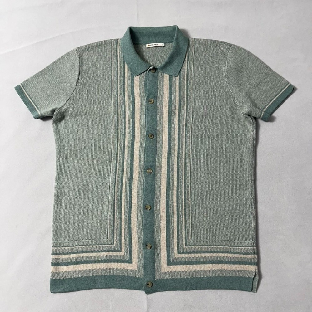 Marine Layer Button Down Sweater Men Small Green Stripe Short Sleeve